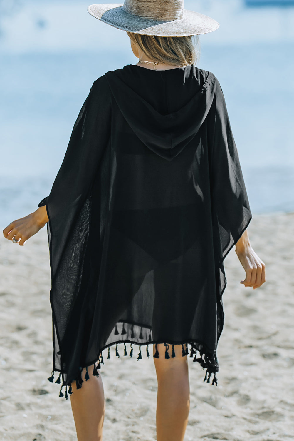 Black or White Hooded Oversized Beach Cover-Up with Tassels