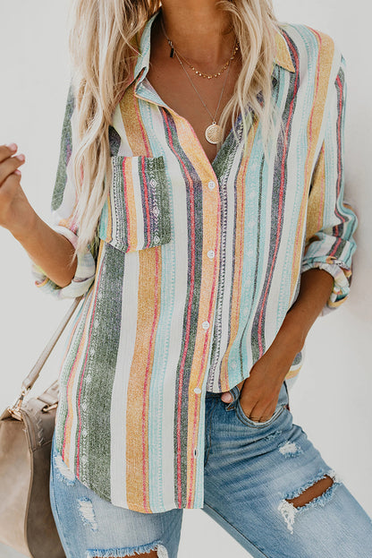 Women's Striped Button-Up Collared Top