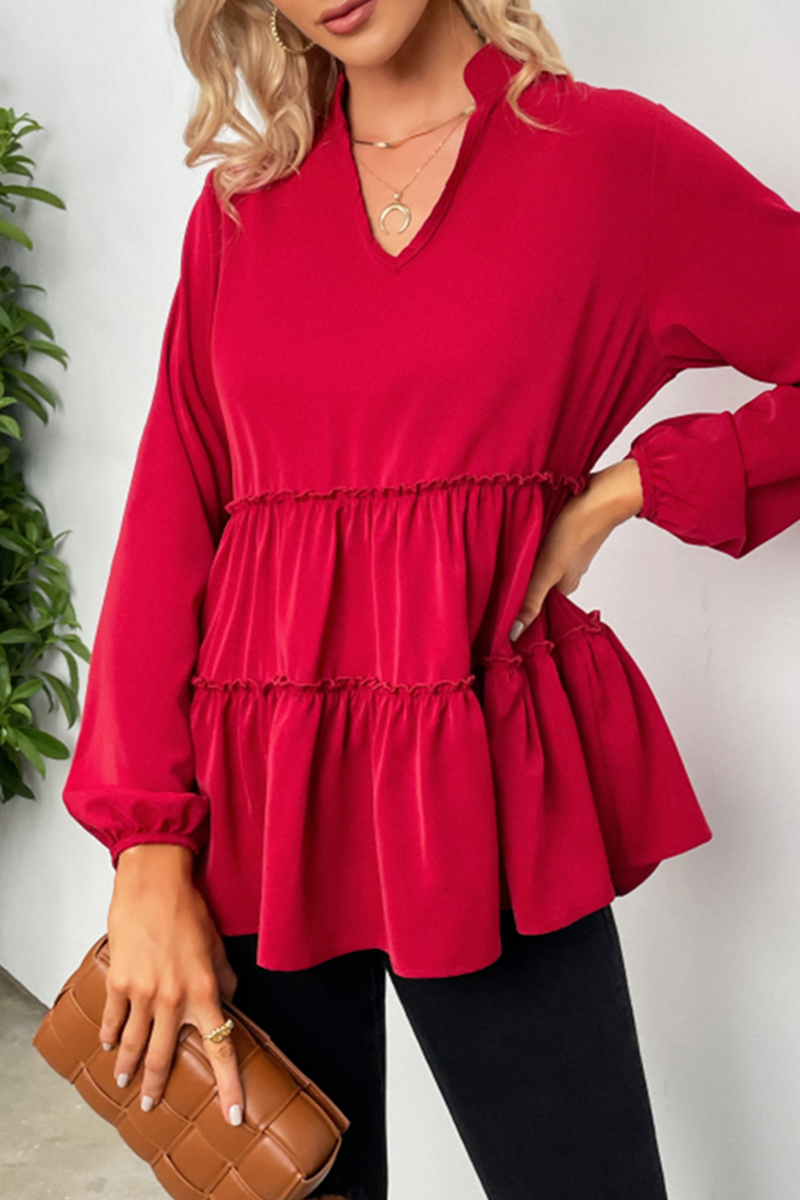 Women's v-neck tops with split joint and ruffles