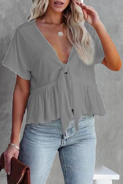 Women's daily bandage blouse with V-neck and bow at the front