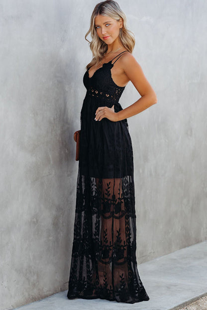 Black Lace Crisscross Backless Maxi Dress