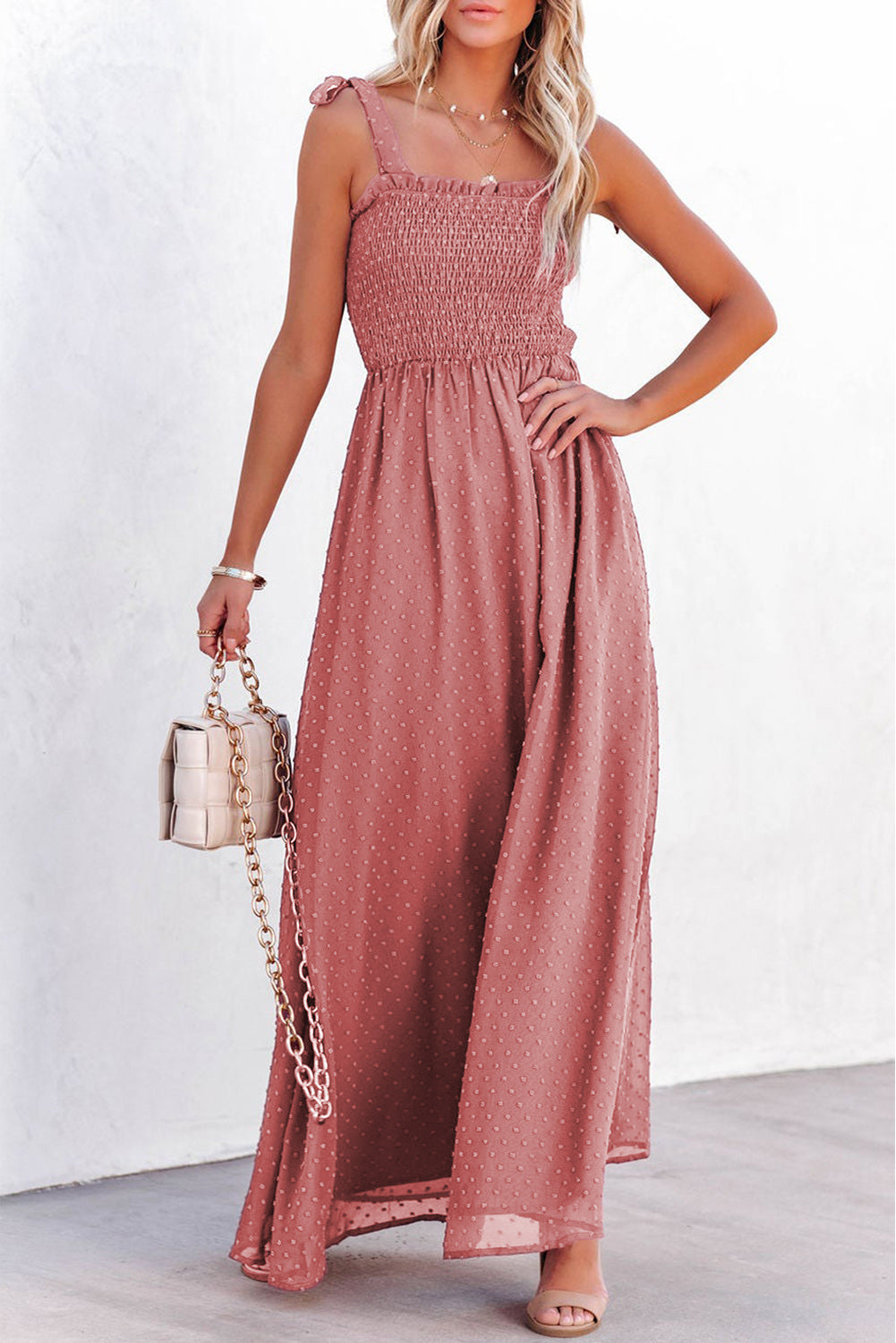 Beige Smocked Swiss Dot Maxi Dress