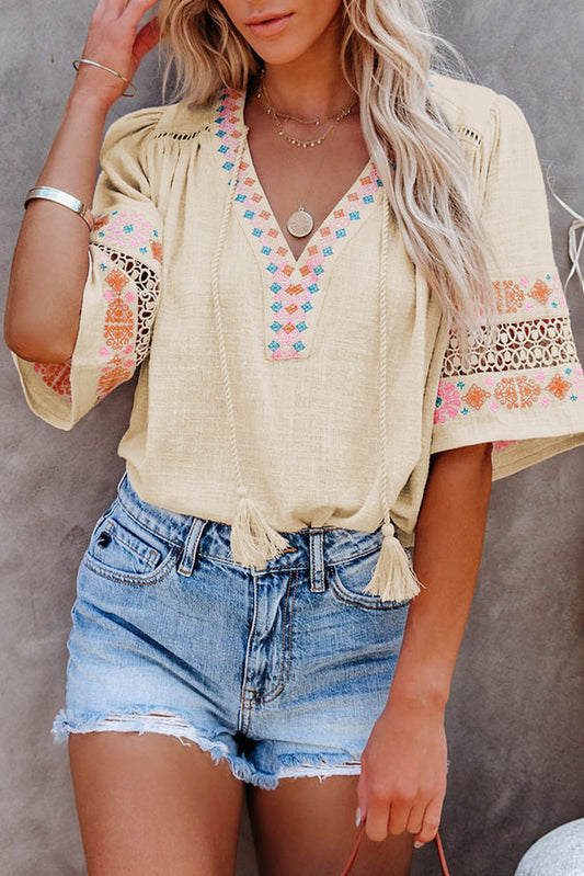 Women's Embroidered V-Neck Top with Tassel Drawstring