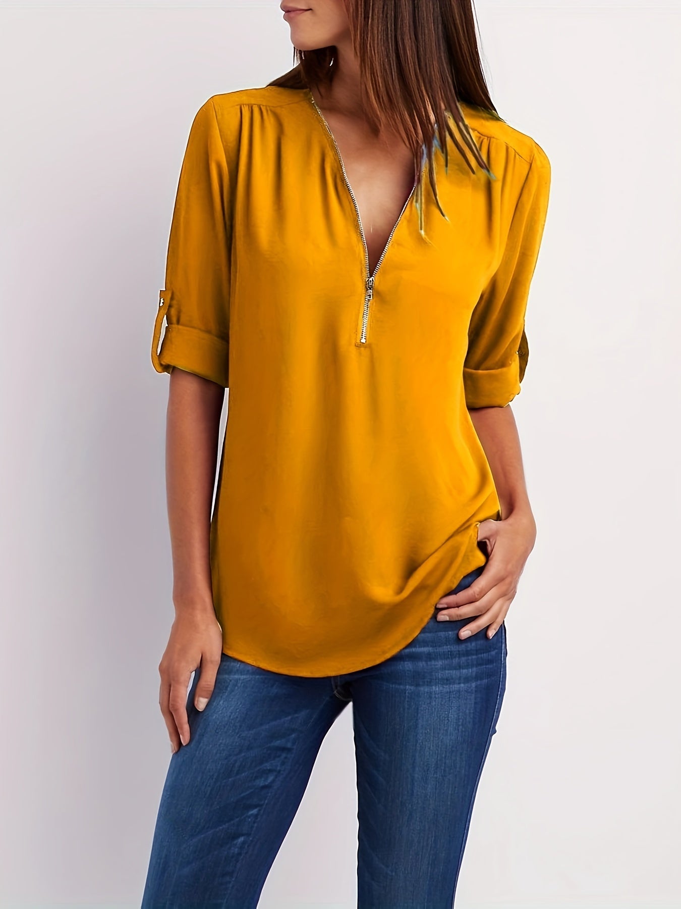 Half zip-front formal blouse for women