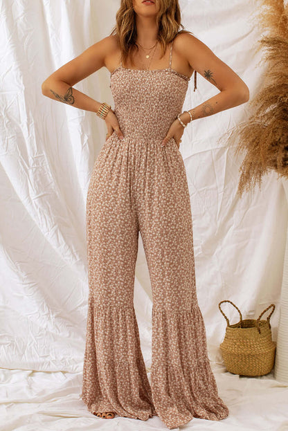 Floral Spaghetti Strap Smocking Jumpsuit Wide Leg