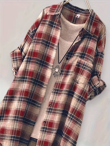 Plaid button-up longline shirt for women