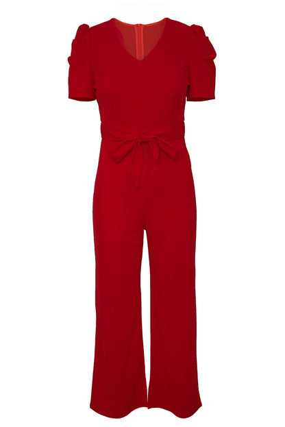 Straight Leg Knotted High Waist Short Sleeve Jumpsuit