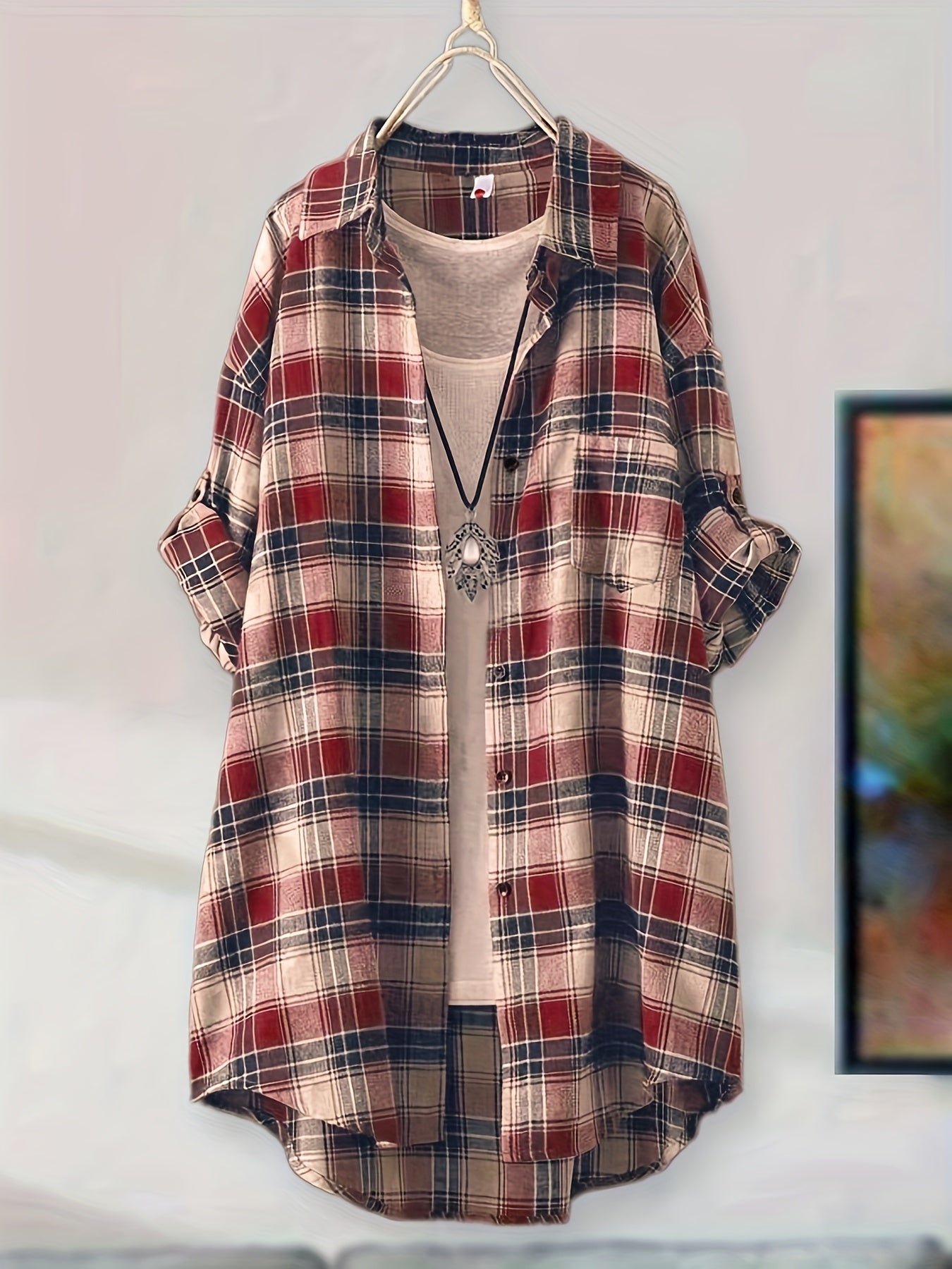 Plaid button-up longline shirt for women