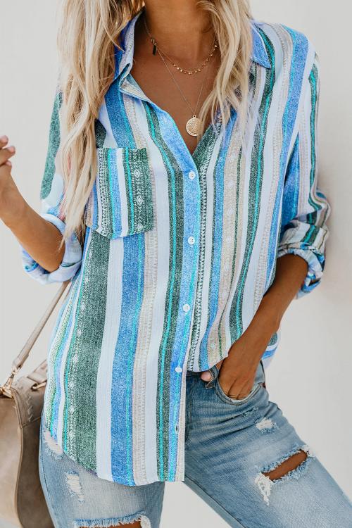 Women's Striped Button-Up Collared Top