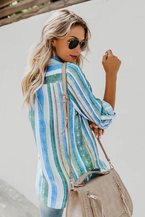 Women's Striped Button-Up Collared Top