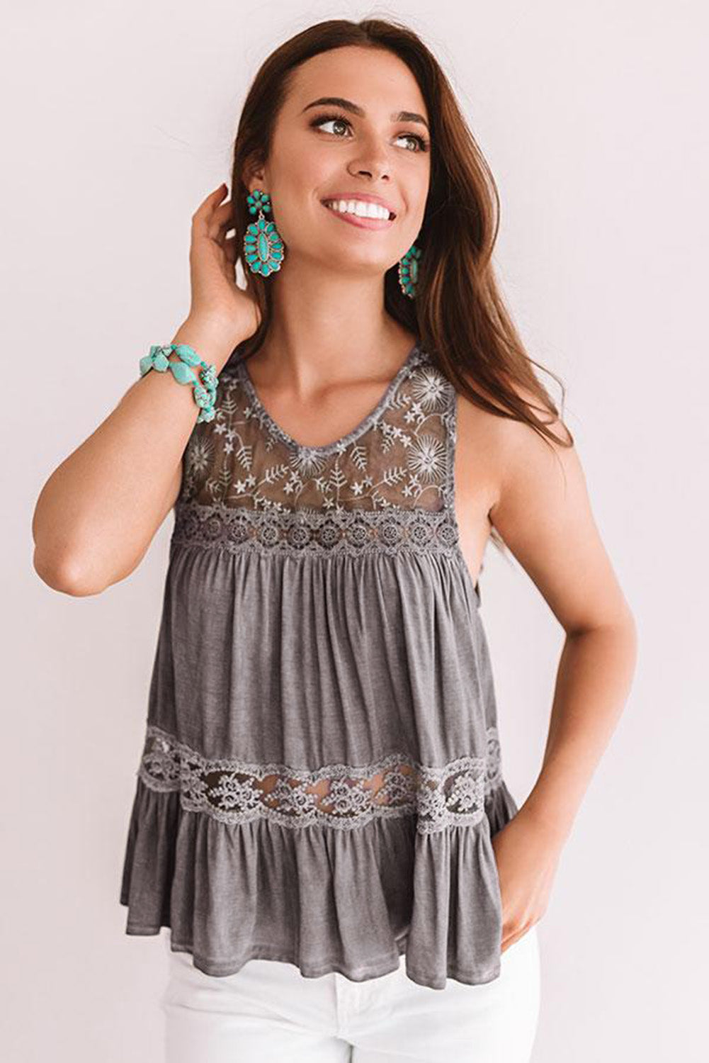 Gray Lace Embroidery Ruffled Sleeveless Top