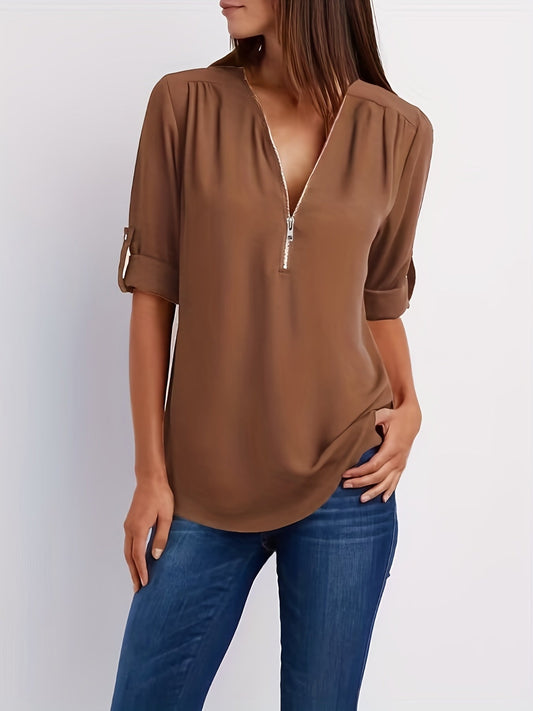 Half zip-front formal blouse for women