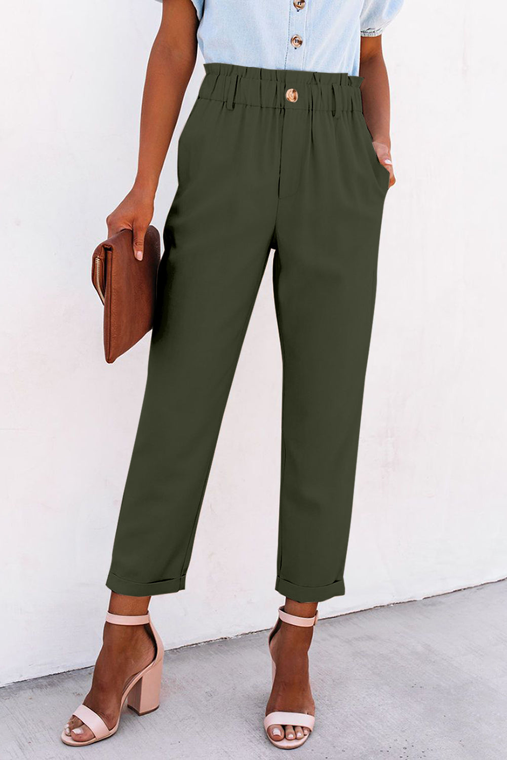 High Rise Paper Bag Waist Pocketed Casual Pants