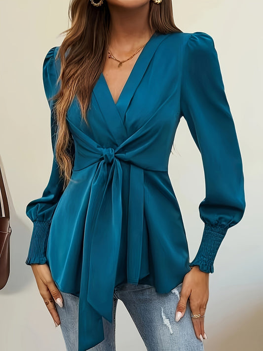 Tie-front blouse with puff sleeves for women