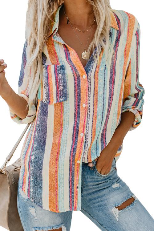 Women's Striped Button-Up Collared Top