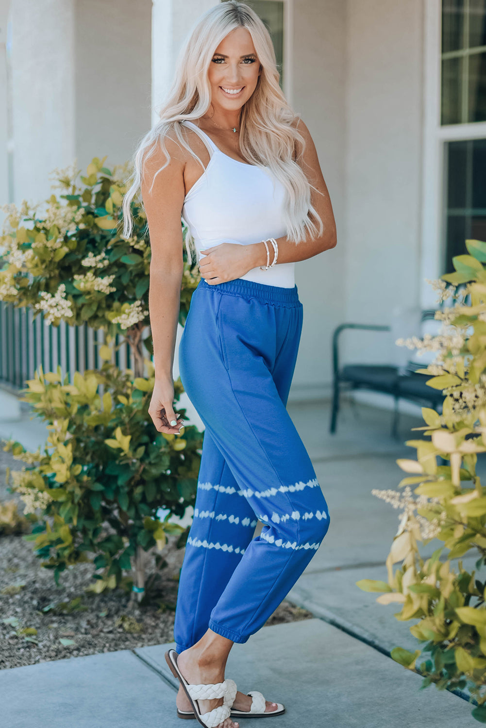 Blue Tie-Dye Print High-Waist Jogger Pants