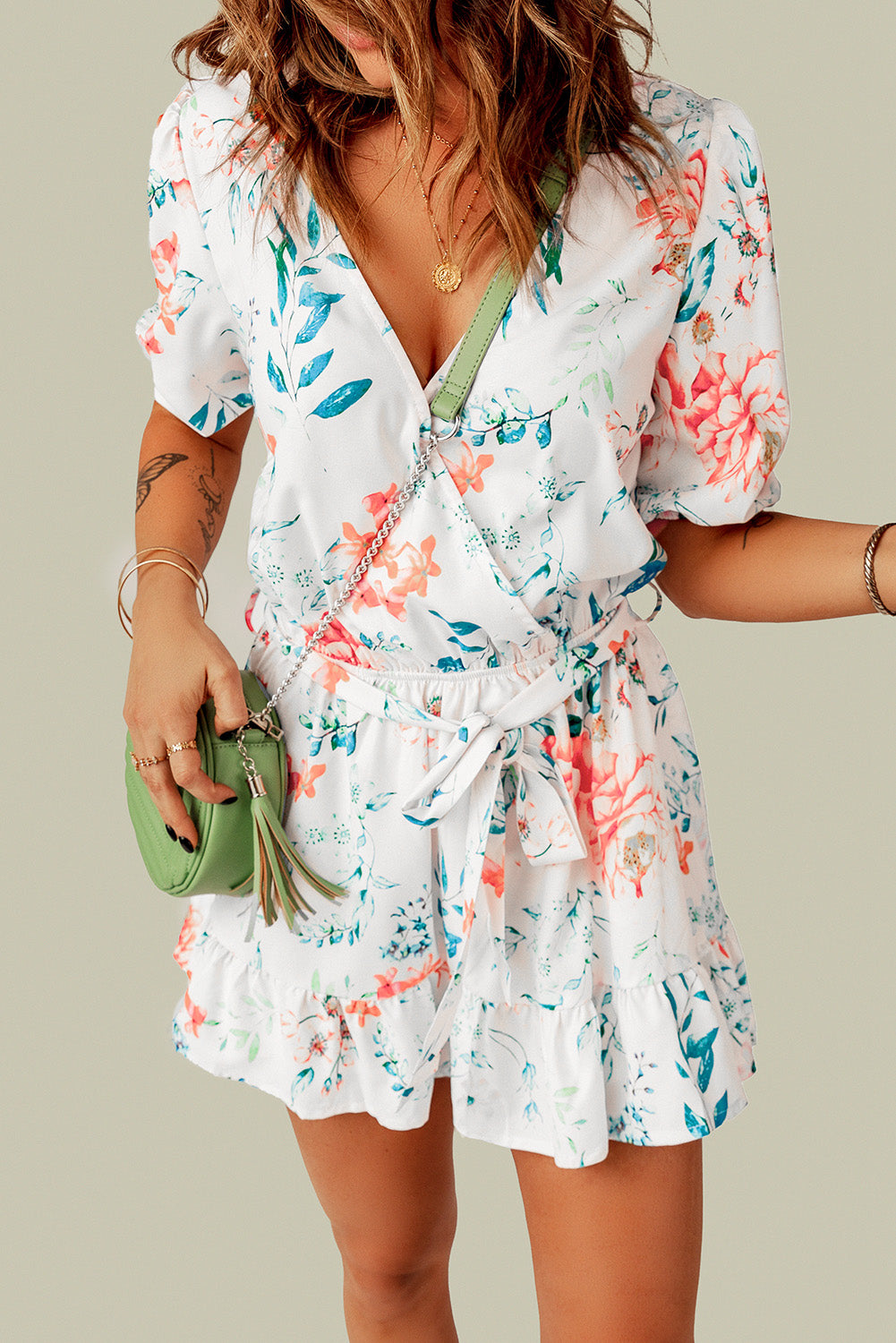 Floral Print Puff Sleeves Romper