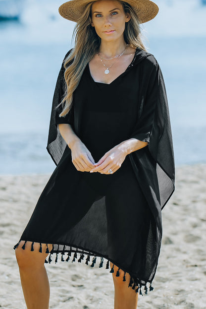 Black or White Hooded Oversized Beach Cover-Up with Tassels