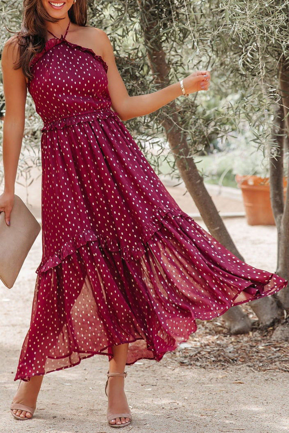 Red Polka Dot Print Ruffled Halter Neck Backless Long Dress