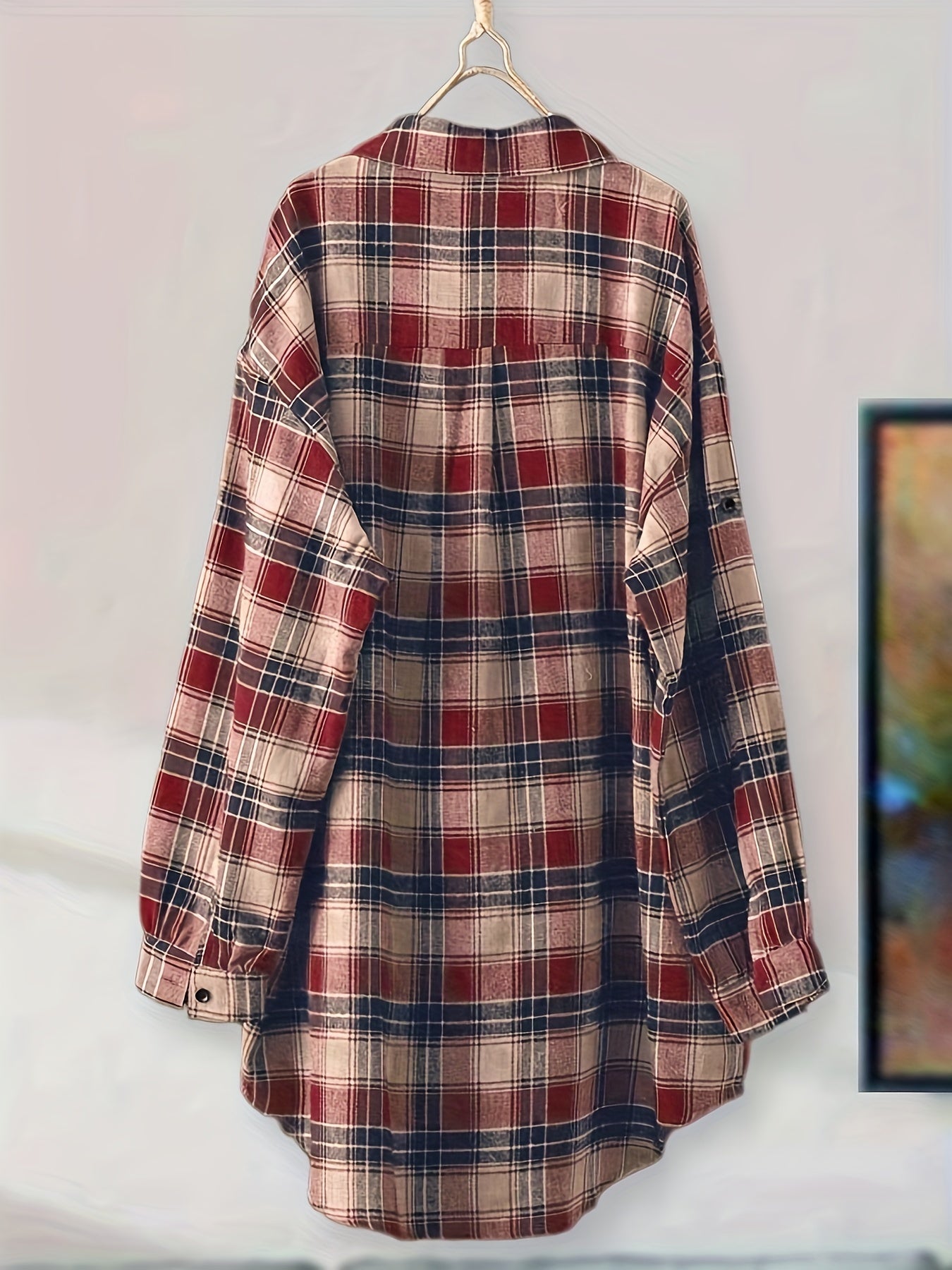 Plaid button-up longline shirt for women