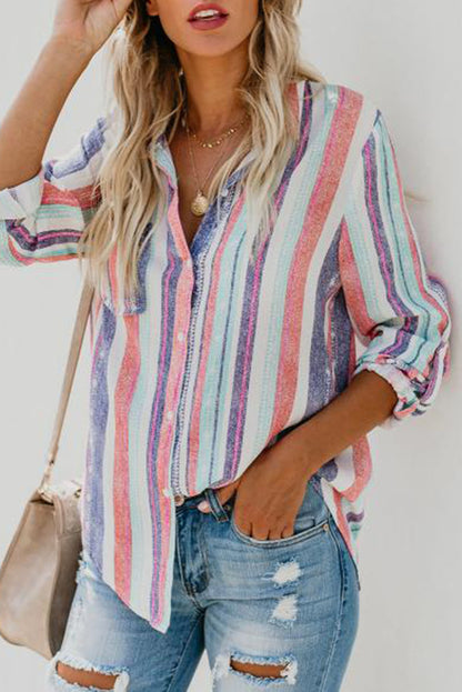 Women's Striped Button-Up Collared Top