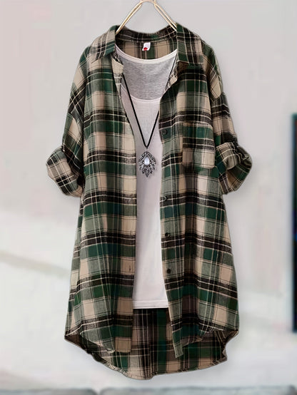 Plaid button-up longline shirt for women