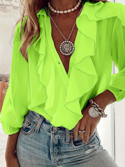 Ruffled v-neck long sleeve blouse for women