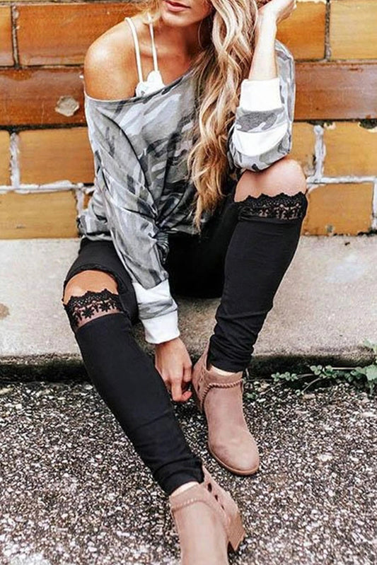 Floral Hollow Out Black Skinny Leggings