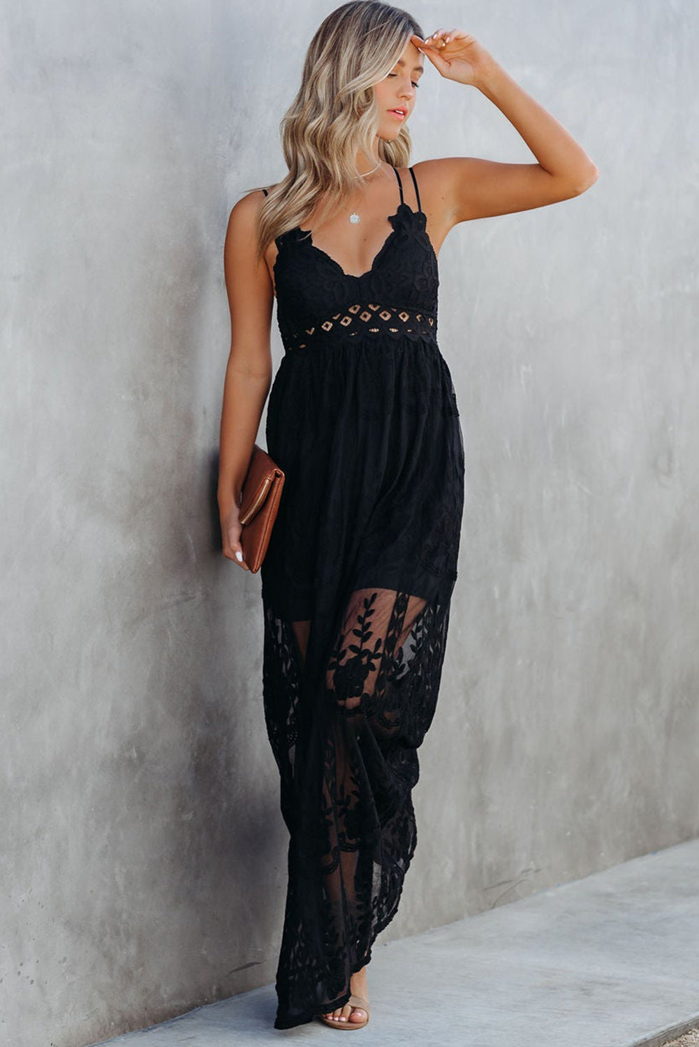 Black Lace Crisscross Backless Maxi Dress