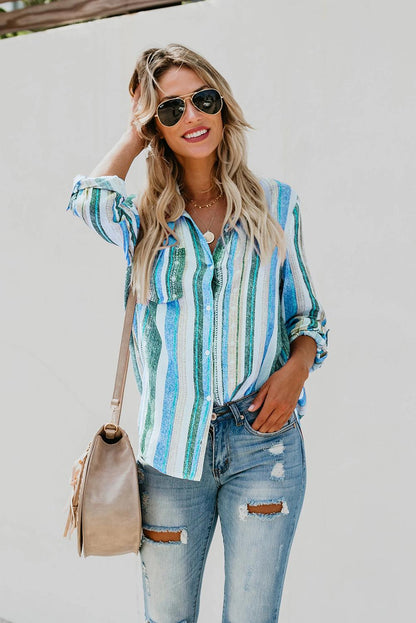 Women's Striped Button-Up Collared Top