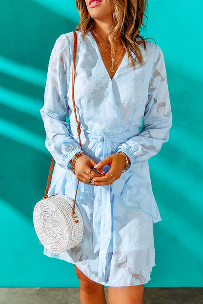 Sky Blue Textured Pattern Surplice V Neck Bubble Sleeve Ruffled Dress