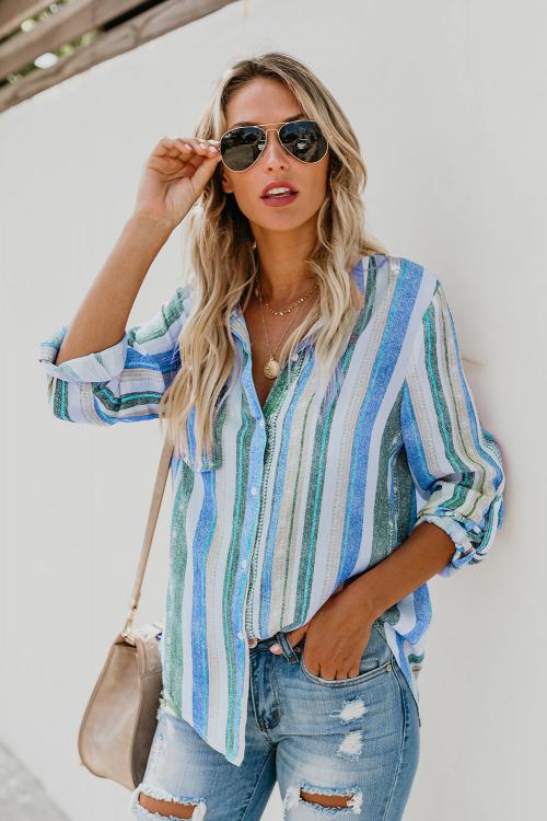 Women's Striped Button-Up Collared Top