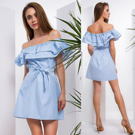 Striped Ruffled Off-Shoulder Dress | Casual Party Wear