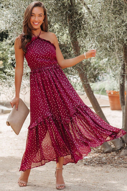 Red Polka Dot Print Ruffled Halter Neck Backless Long Dress