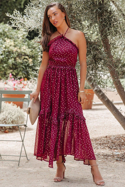 Red Polka Dot Print Ruffled Halter Neck Backless Long Dress