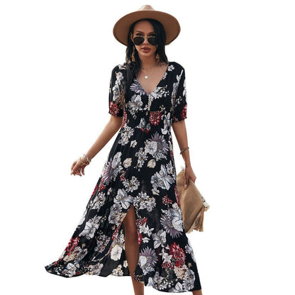 Beach Boho Floral Print Maxi Dress with Tassel Split Front