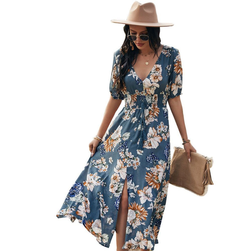 Beach Boho Floral Print Maxi Dress with Tassel Split Front