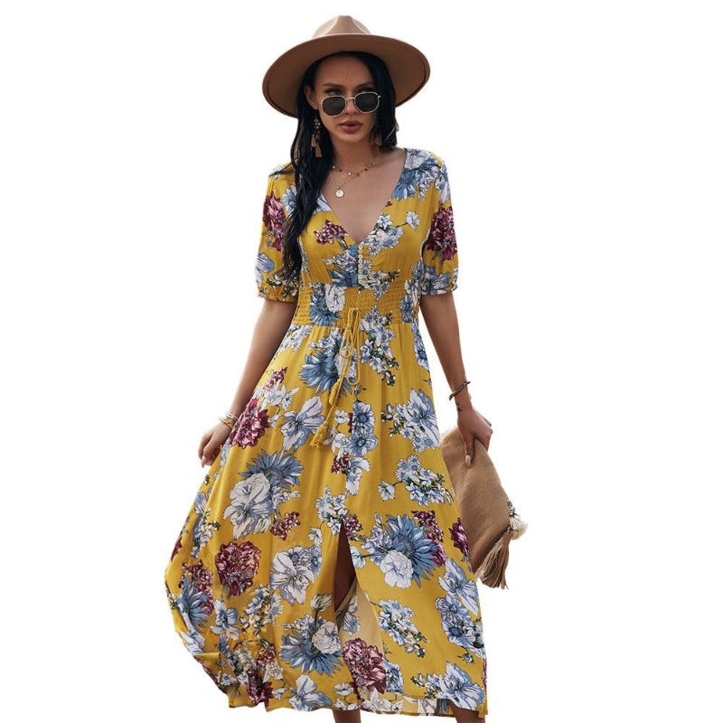 Beach Boho Floral Print Maxi Dress with Tassel Split Front