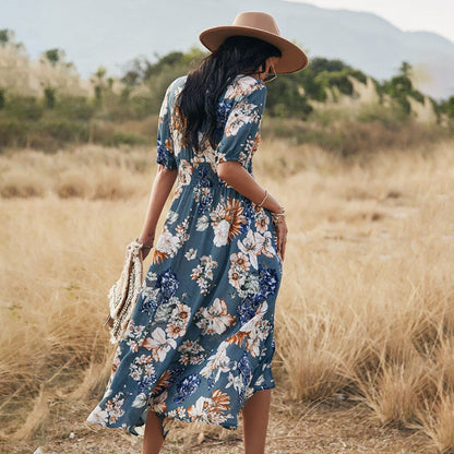 Beach Boho Floral Print Maxi Dress with Tassel Split Front