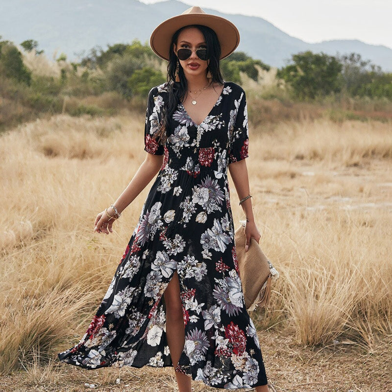 Beach Boho Floral Print Maxi Dress with Tassel Split Front