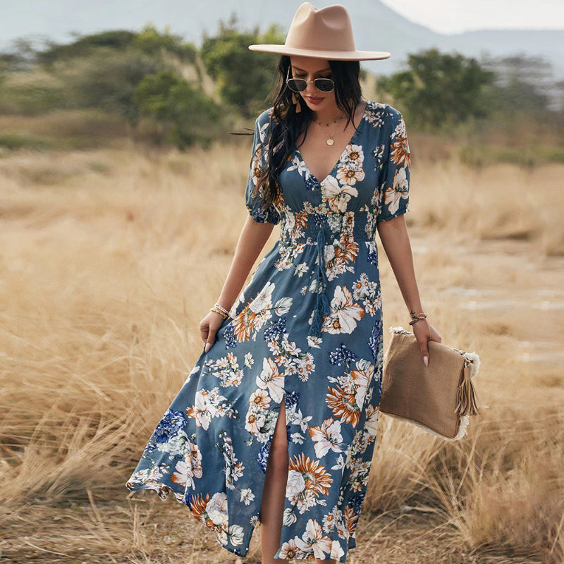 Beach Boho Floral Print Maxi Dress with Tassel Split Front