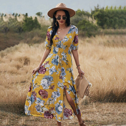 Beach Boho Floral Print Maxi Dress with Tassel Split Front