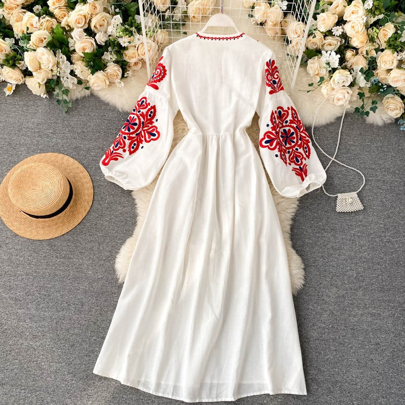 Bohemian Embroidered Flower Lantern Sleeve Dress