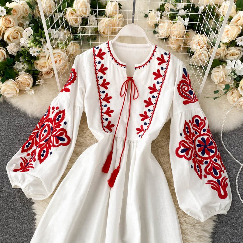 Bohemian Embroidered Flower Lantern Sleeve Dress