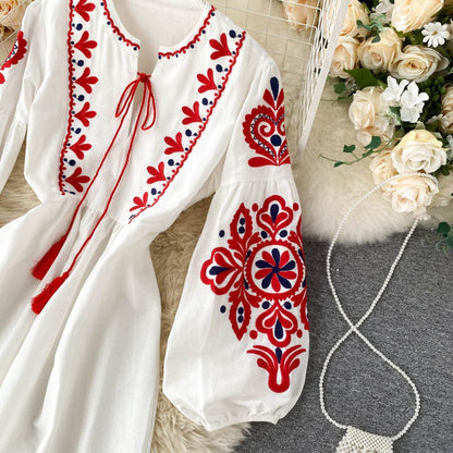 Bohemian Embroidered Flower Lantern Sleeve Dress