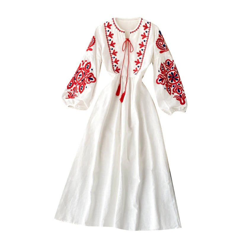 Bohemian Embroidered Flower Lantern Sleeve Dress