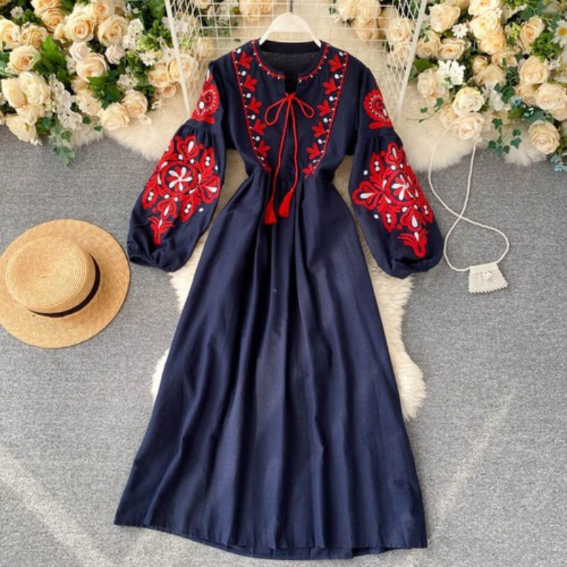 Bohemian Embroidered Flower Lantern Sleeve Dress