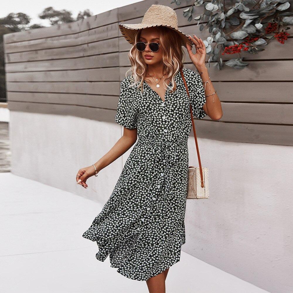 Bohemian Style Floral Waist Tie Mid-Calf Dress