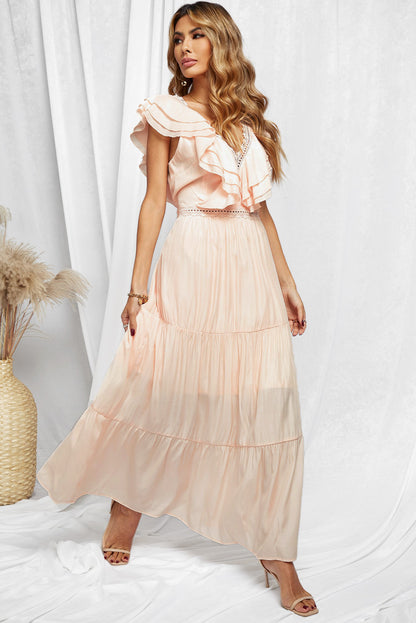 Lace Splicing Ruffled Deep V Neck Maxi Dress