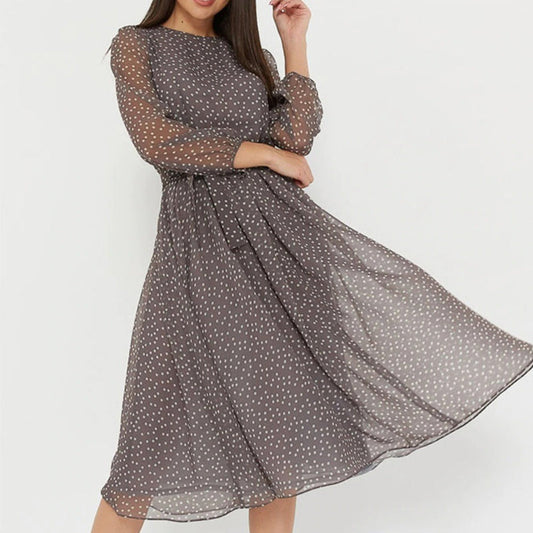 Casual Polka Dot Print Long Sleeve Mid-Calf Dress